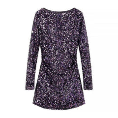 French Style Retro Crew Neck Long Sleeve Sequined Backless Dress - kinko