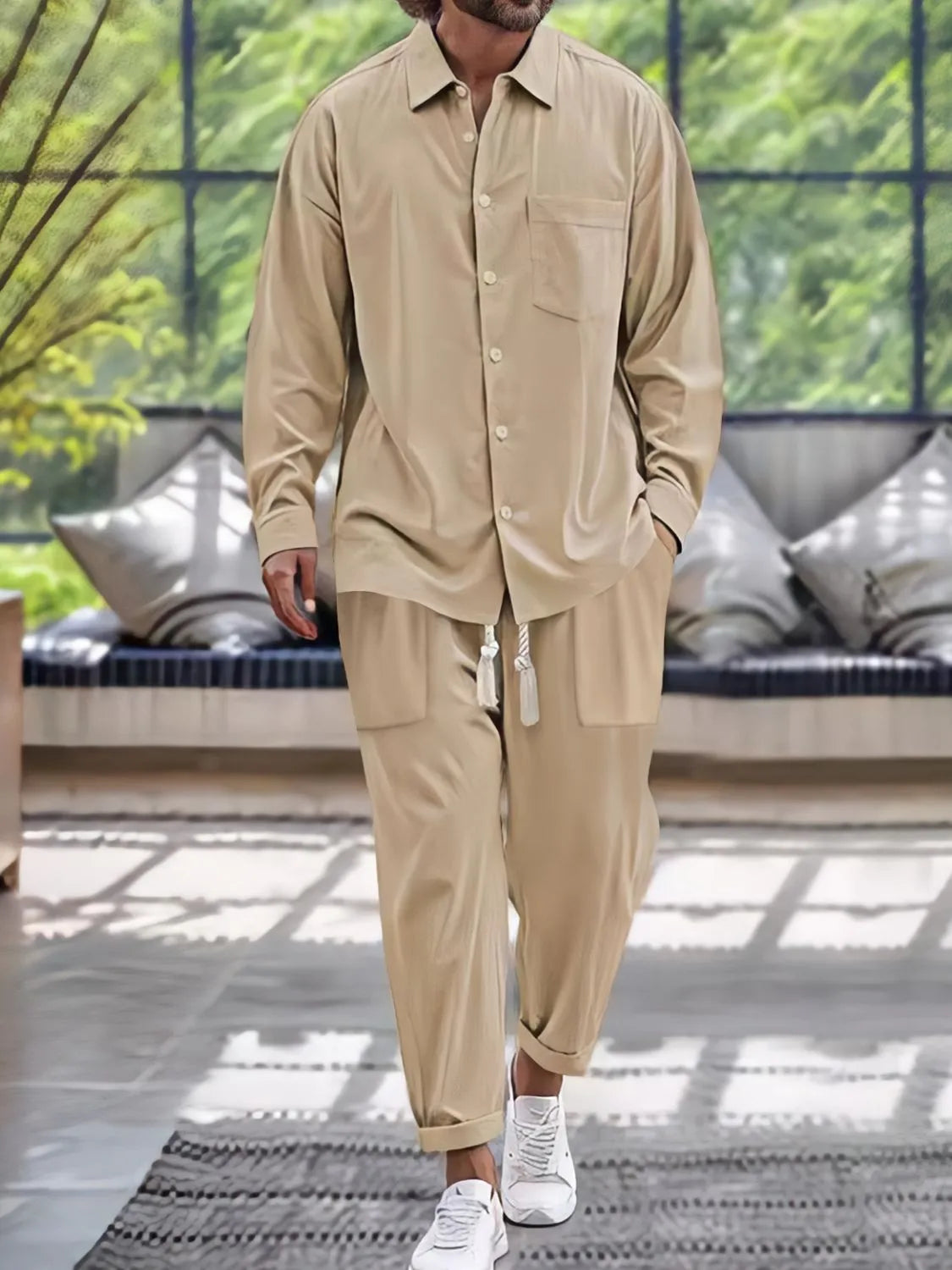 Men's Button Down Long Sleeve Shirt and Pants Set - kinko