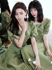 2024 Avocado Green Sisters Group Dress Skirt Women Satin Spring - kinko