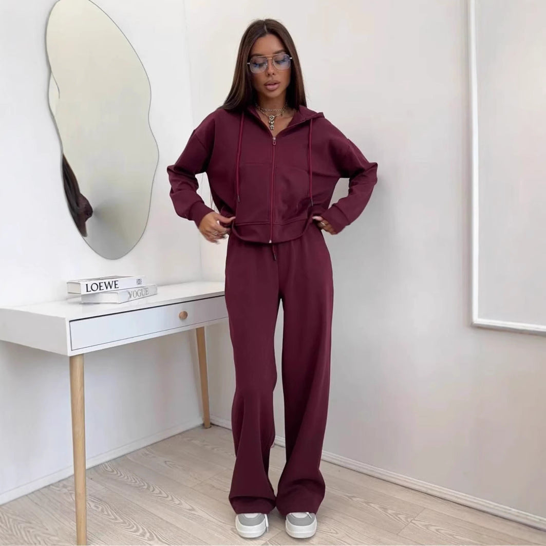 European And American Solid Color Long Sleeve Zipper Cardigan Hoodie Lace-up Trousers Two-piece Set - kinko