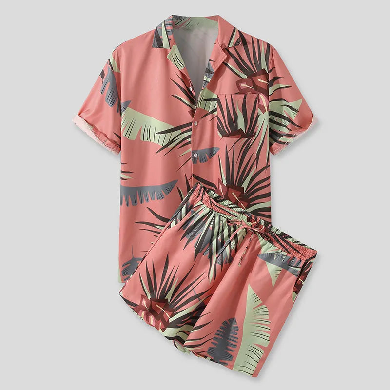 Men's Full Size Button Up Shirt and Shorts Set Plus Size - kinko
