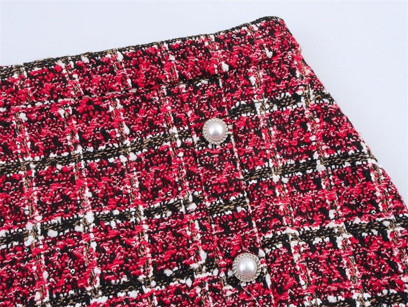 Women's Versatile Pearl Button Coarse Floral Plaid Half Skirt - kinko
