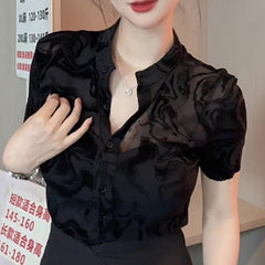 New Summer Black Mesh Short Sleeve Shirt For Women - kinko