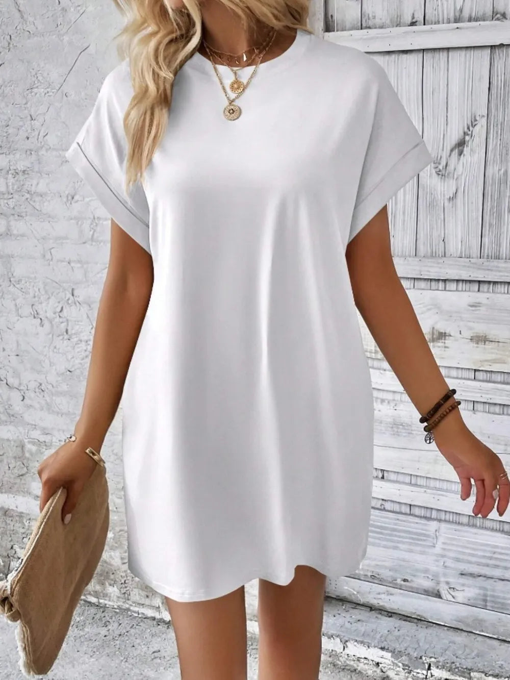Pocketed Round Neck Short Sleeve Dress - kinko