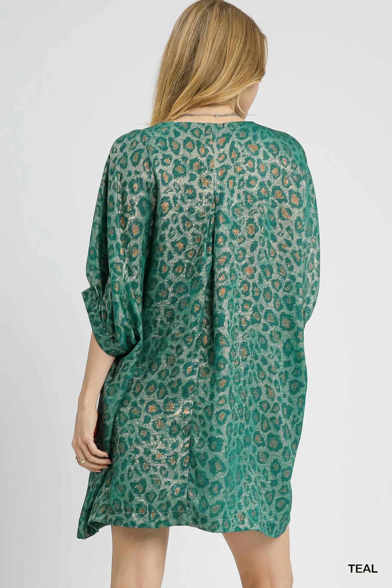Umgee Metallic Leopard Print V-Neck Kimono Dress - kinko