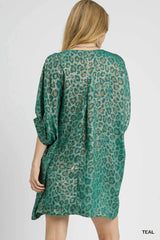 Umgee Metallic Leopard Print V-Neck Kimono Dress - kinko