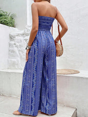 Paisley Print Halter Neck Slit Wide Leg Jumpsuit - kinko
