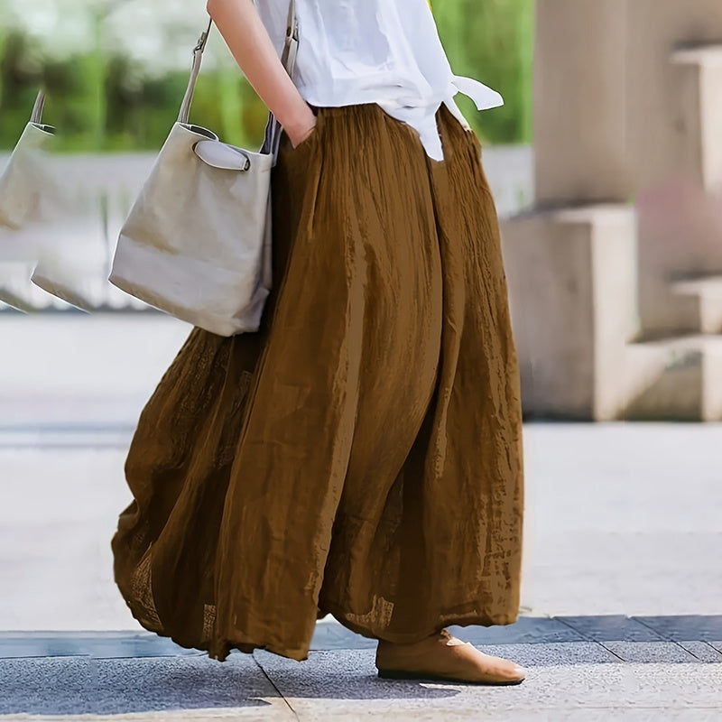 Women Bohemian Beach A-Line Dress Elastic Waist Flowy Long Maxi Skirt With Pockets - kinko