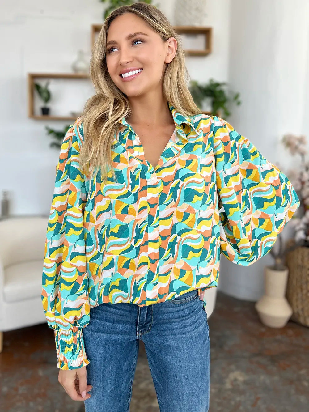 Double Take Full Size Printed Smocked Long Sleeve Blouse - kinko