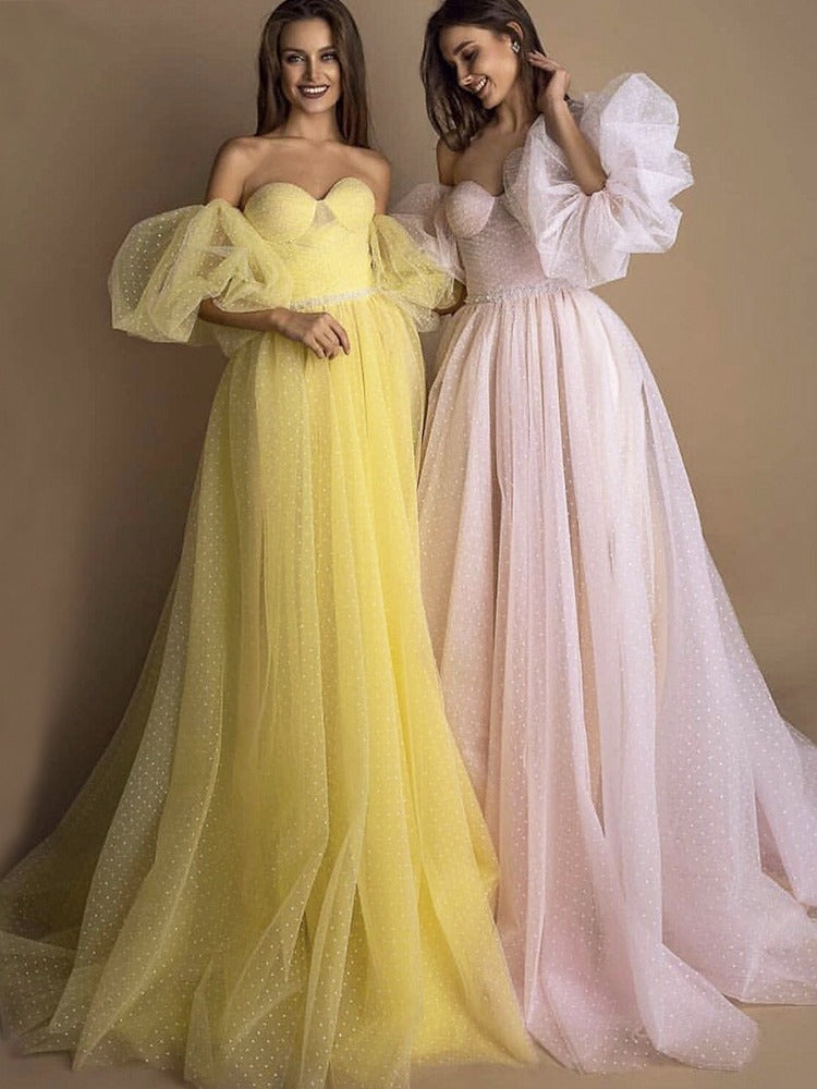 Evening Gown Tube Top Retro Lantern Sleeve Light Yarn - kinko
