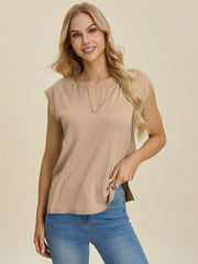 Double Take Full Size Notched Cap Sleeve Knit Top - kinko