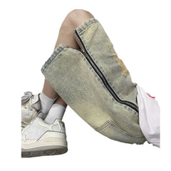 Retro Yellow Mud Ripped Denim Shorts Men's Loose Five Points - kinko