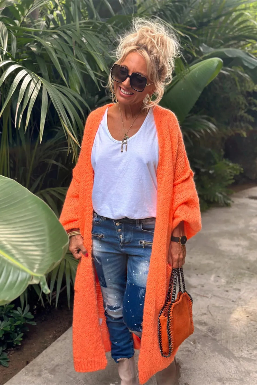 Letter Dropped Shoulder Long Sleeve Cardigan - kinko