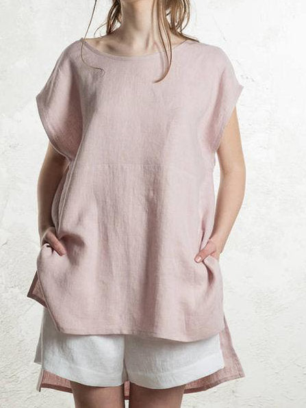 Round Neck Front Short Back Long Short Sleeve Top For Women - kinko