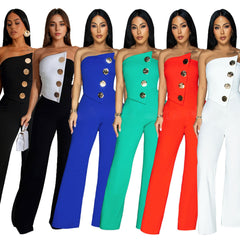 European And American Fashion Women's Wear Sleeveless Button Jumpsuit Trousers - kinko
