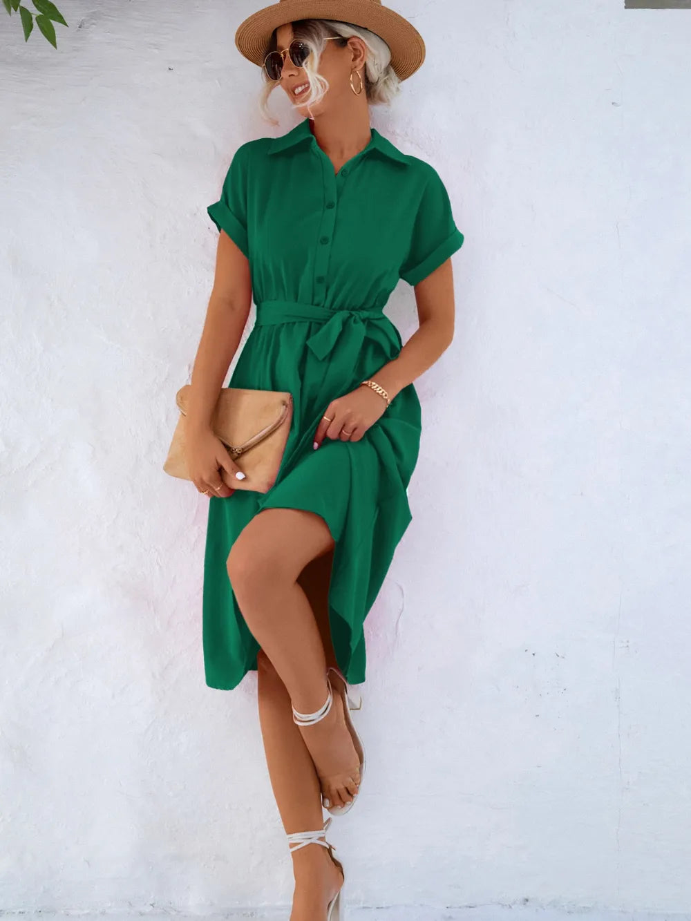 Buttoned Tie Waist Short Sleeve Dress - kinko