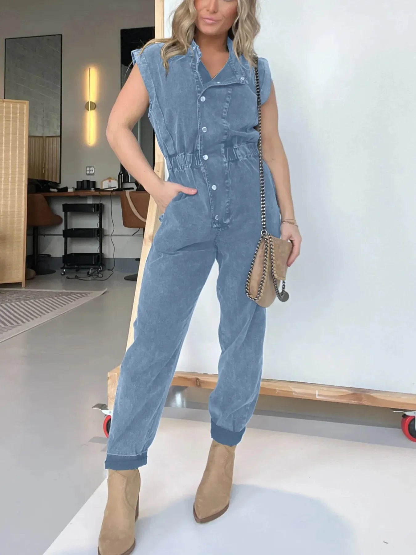 Full Size Button Front Cap Sleeve Denim Jumpsuit Plus Size - kinko
