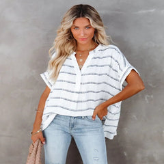 Women's Short Sleeve Thin V-neck Pullover Loose Shirt - kinko