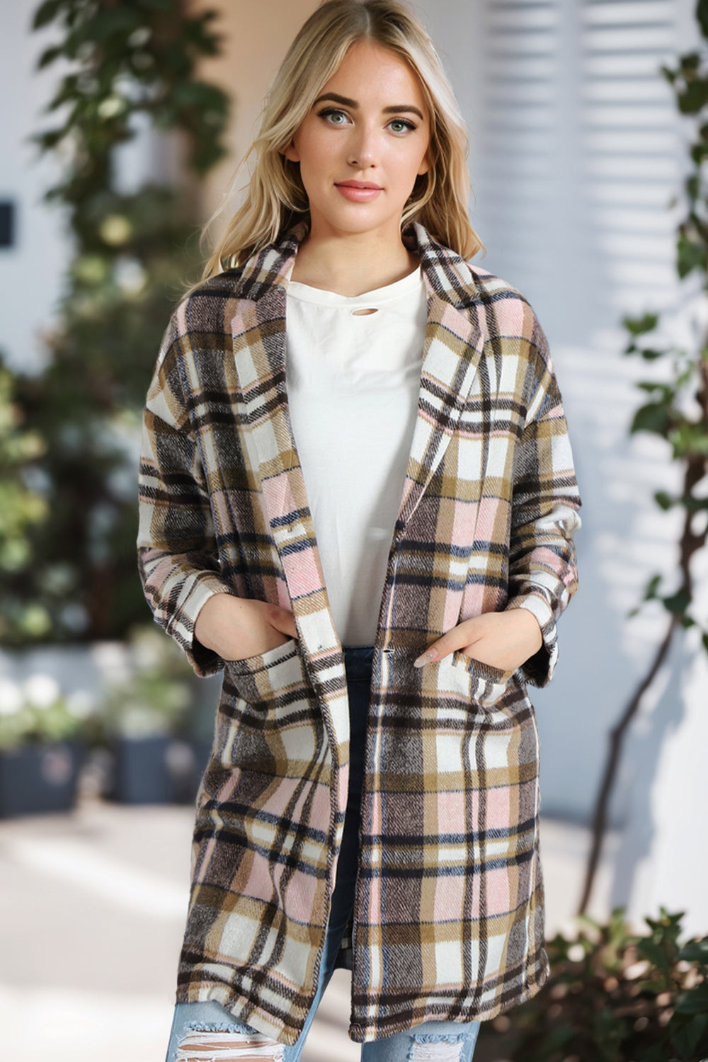 Plaid Longline Jacket with Pockets - kinko