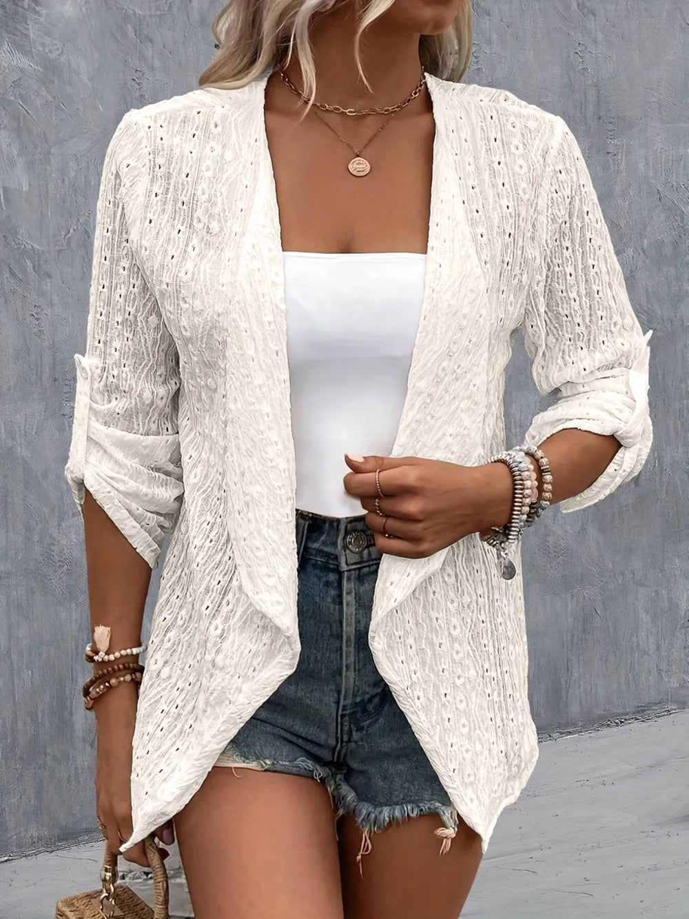 Eyelet Roll-Tab Sleeve Cardigan - kinko