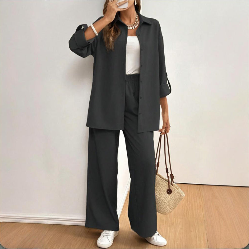 Women's Solid Color Shirt & Pants Set - Long Sleeve Button-Down Top With Elastic Waist Straight Pants Minimalist Casual Outfit - kinko