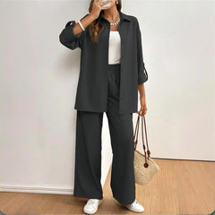 Women's Solid Color Shirt & Pants Set - Long Sleeve Button-Down Top With Elastic Waist Straight Pants Minimalist Casual Outfit - kinko