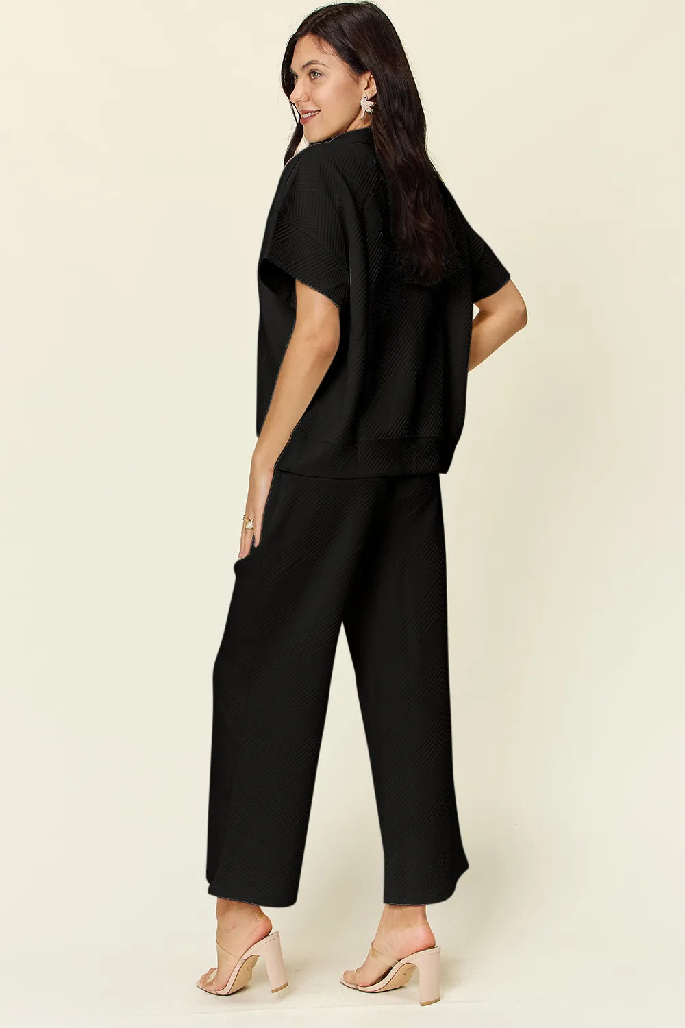 Double Take Full Size Texture Half Zip Short Sleeve Top and Pants Set - kinko
