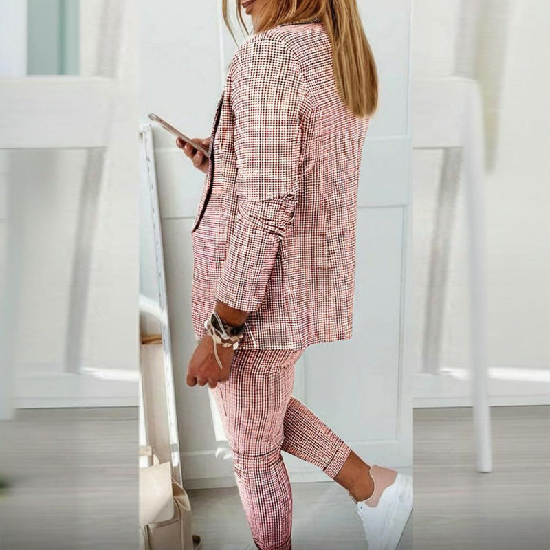 Women's Solid Color Plaid Long Sleeve Suit Two-piece Set With Pockets & Drawstring Waist Office Wear For Spring&Fall - kinko