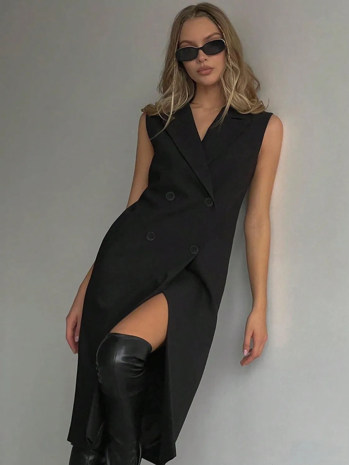 Lapel Collar Sleeveless Longline Blazer - kinko