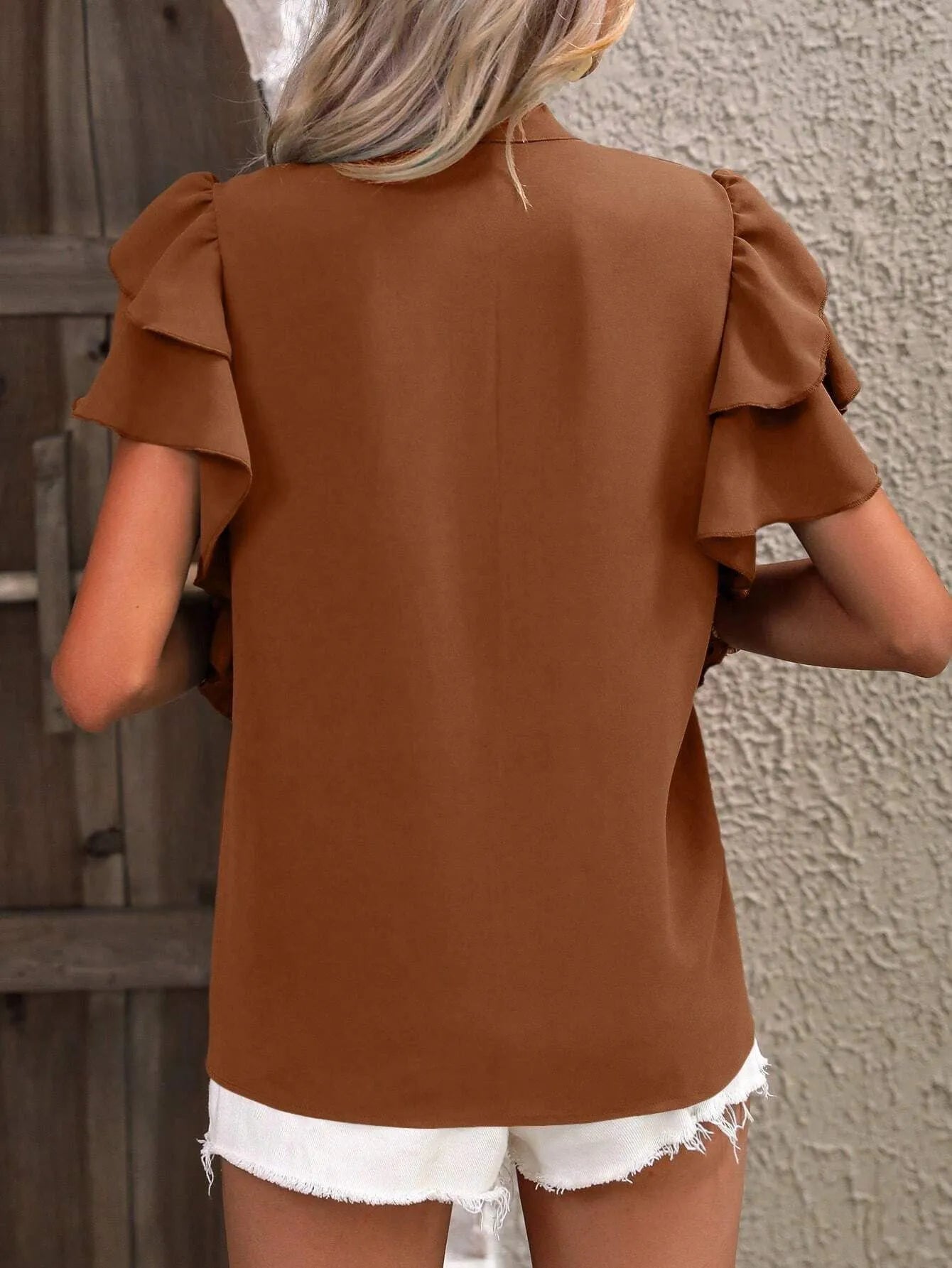 Ruffle Sleeve Notched Blouse - kinko