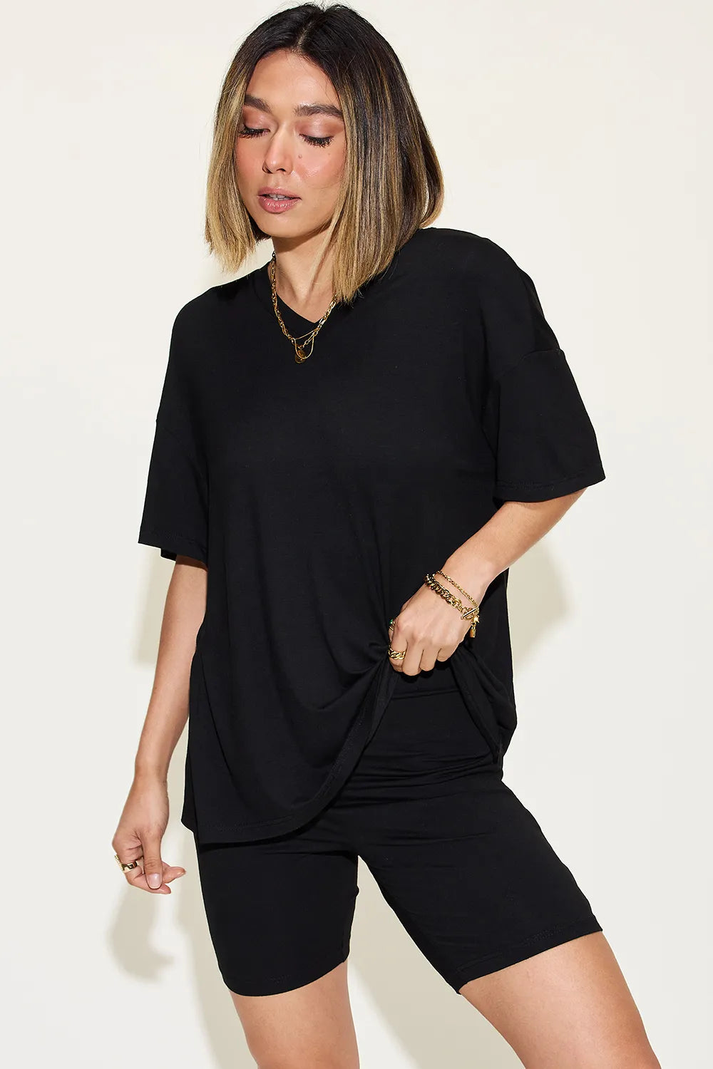 Basic Bae Full Size V-Neck Drop Shoulder T-Shirt and Shorts Set - kinko