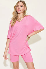 Basic Bae Full Size V-Neck Drop Shoulder T-Shirt and Shorts Set - kinko