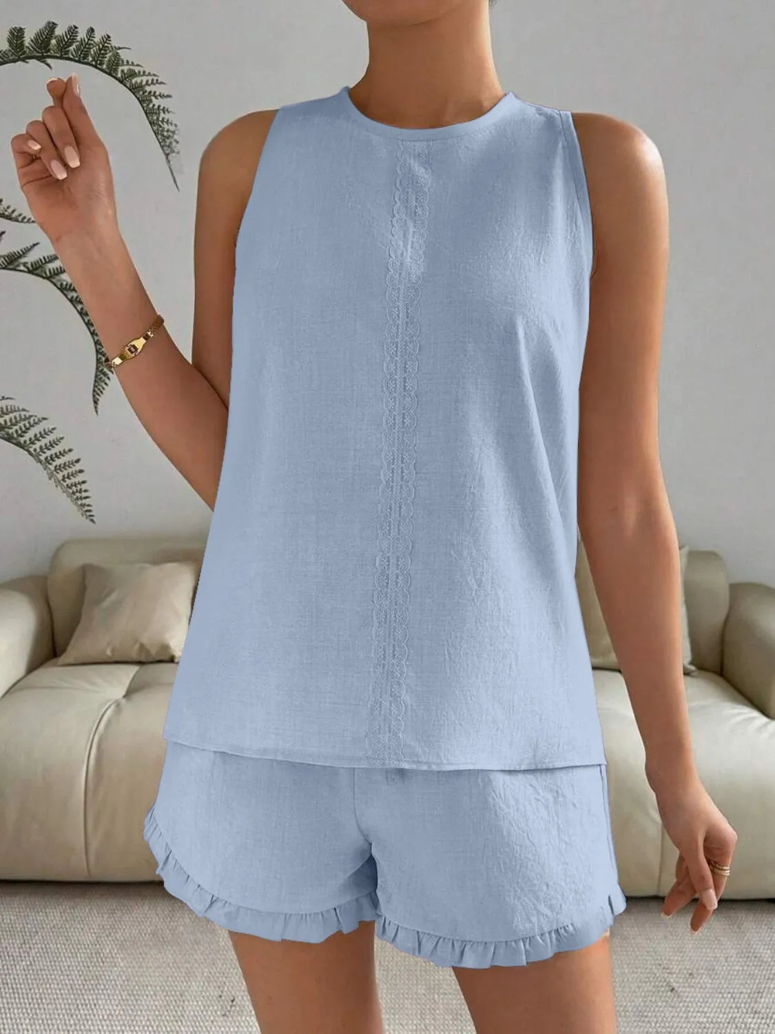 Lace Detail Round Neck Tank and Shorts Set - kinko