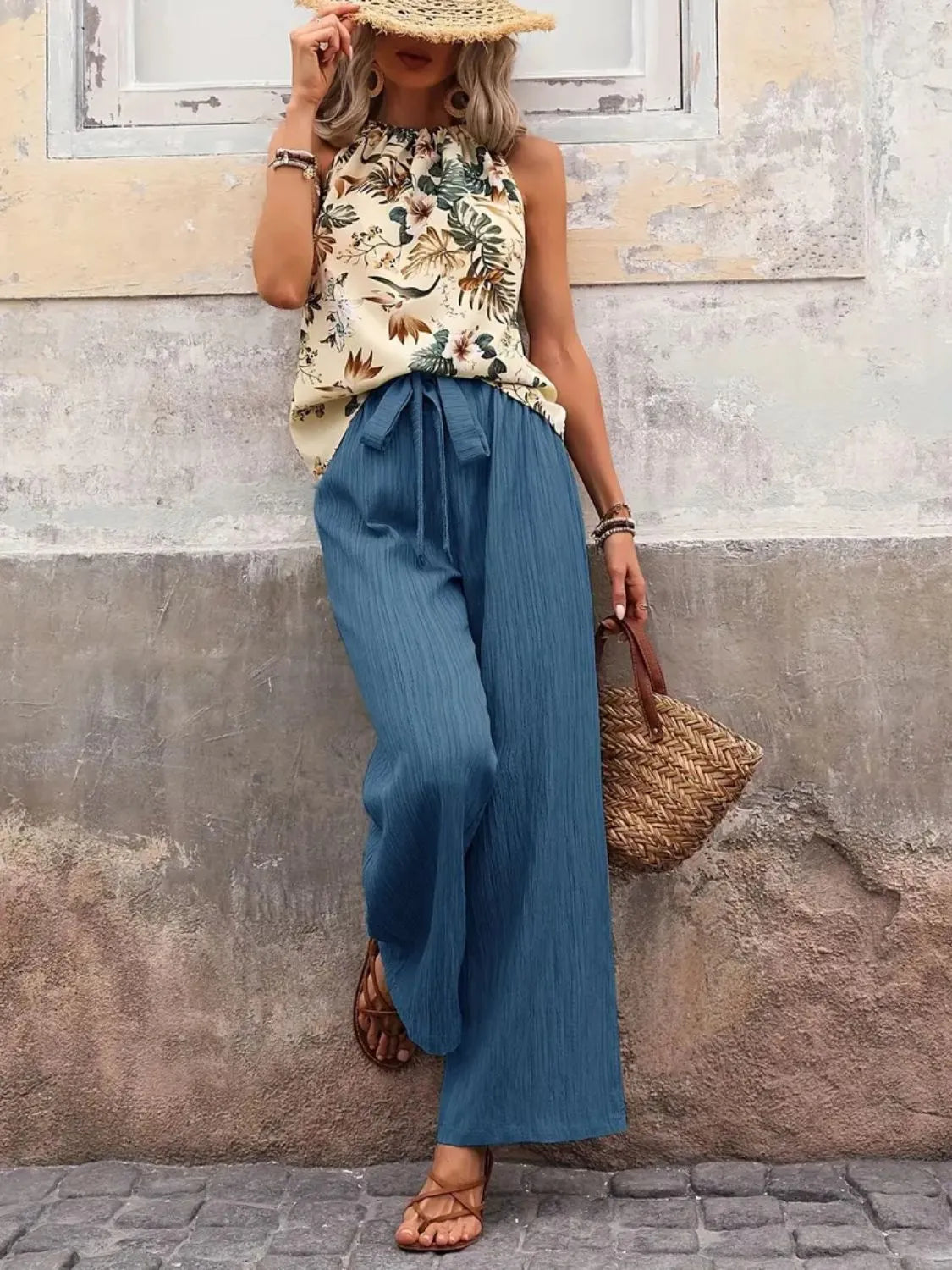 Printed Tank Top and Wide Leg Pants Set - kinko