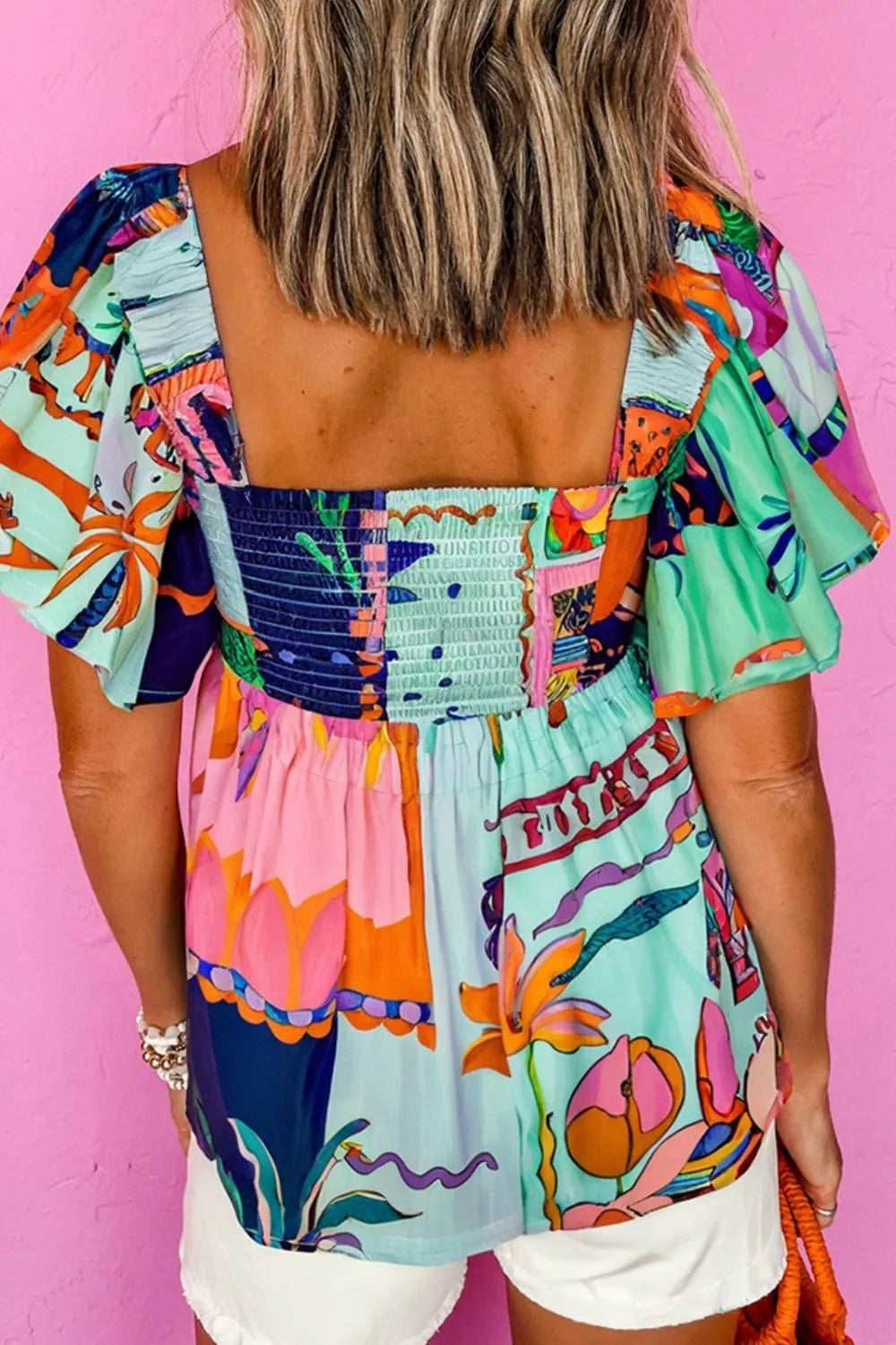 Printed Square Neck Ruffled Short Sleeve Blouse - kinko