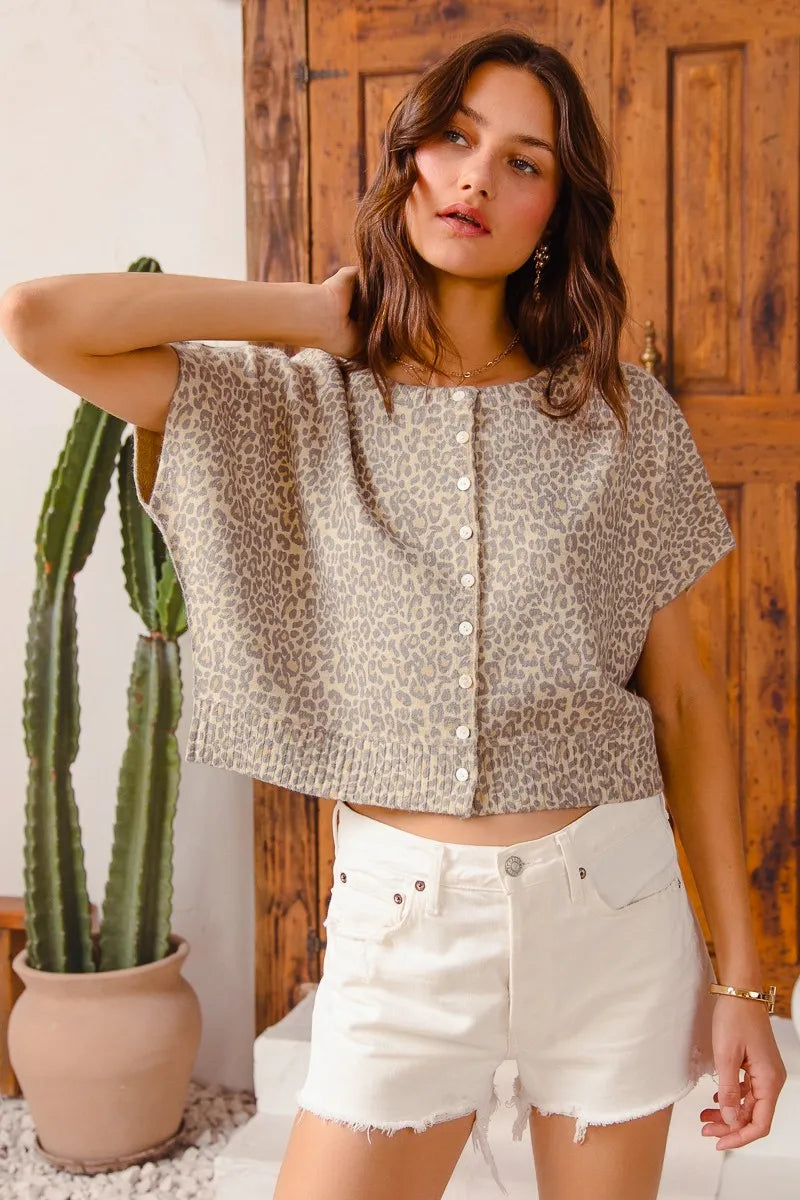 SO ME Leopard Print Button Front Sweater Cardigan - kinko