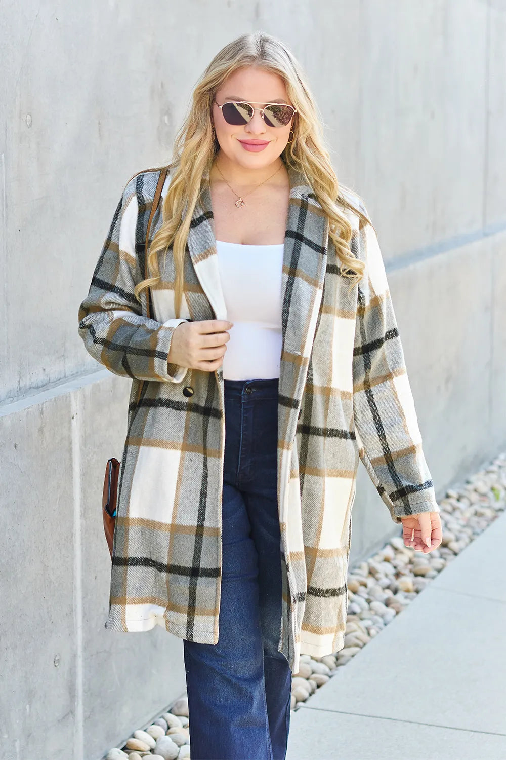 Double Take Full Size Plaid Button Up Lapel Collar Coat - kinko