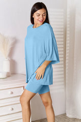 Basic Bae Bamboo Full Size Round Neck Drop Shoulder T-Shirt and Shorts Set - kinko