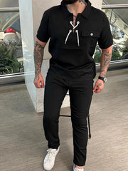 Men's Full Size Lace Up Short Sleeve Top and Pants Plus Size - kinko