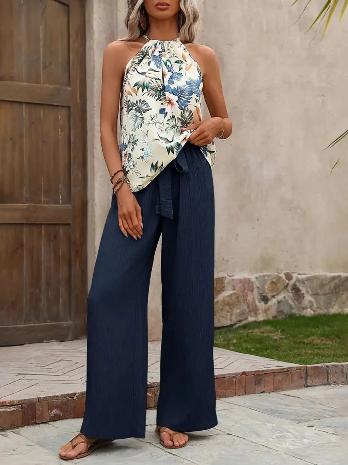 Printed Tank Top and Wide Leg Pants Set - kinko