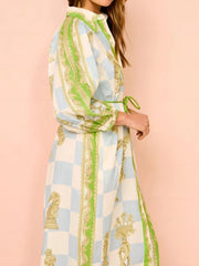 Printed Long Sleeve Longline Shirt Dress - kinko