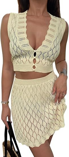 Saodimallsu Womens Two Piece Crochet Swimsuit Cover Ups Sleeveless V Neck Crop Tops Skirt Sets Beach Vacation Outfits - kinko