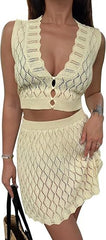 Saodimallsu Womens Two Piece Crochet Swimsuit Cover Ups Sleeveless V Neck Crop Tops Skirt Sets Beach Vacation Outfits - kinko