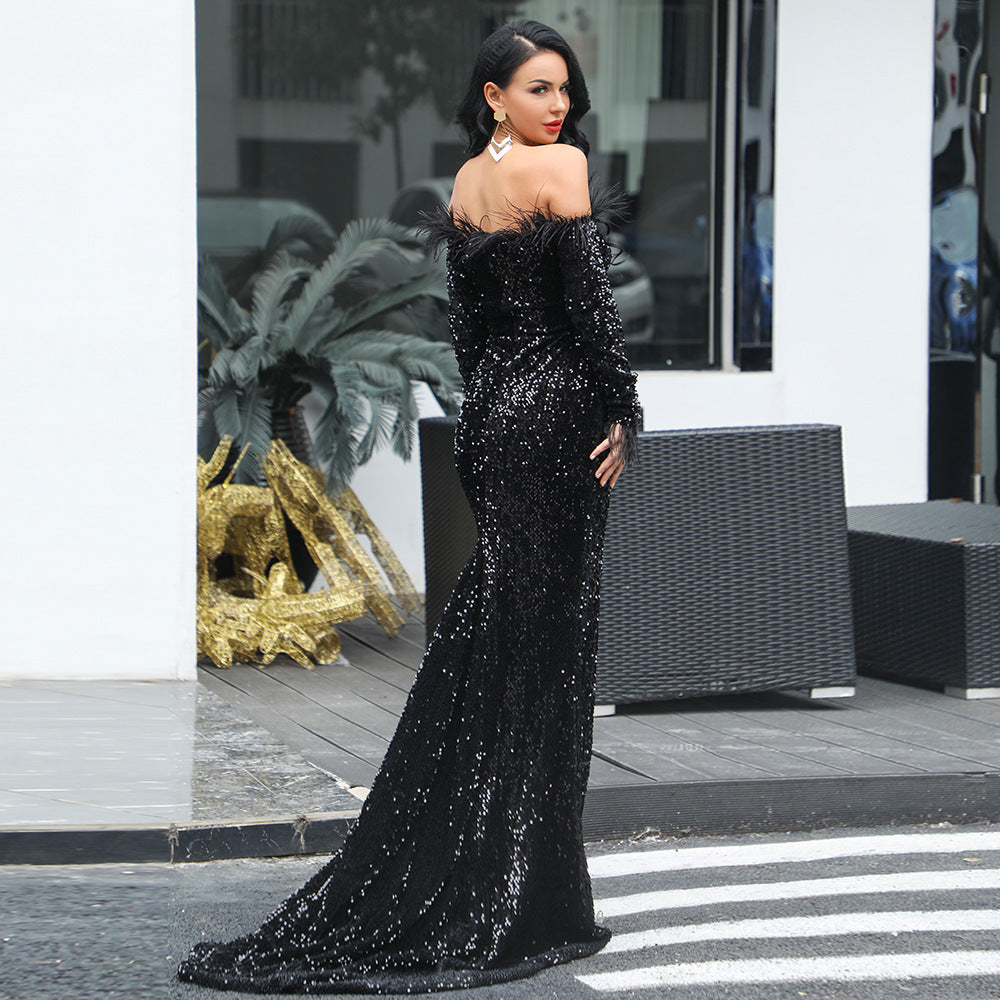Women Sexy Off Shoulder Long Sleeve Feather Elegant Sequin Maxi Dresss - kinko