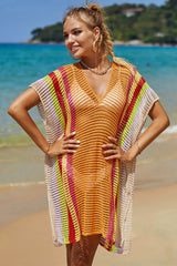 Angel Wings Openwork Striped Slit Knit Cover Up - kinko