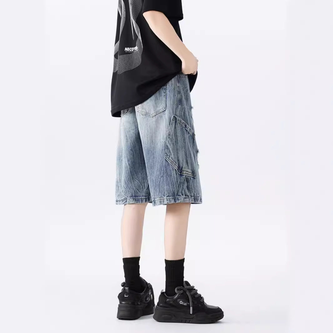 Washed Old Beautiful Ripped Denim Shorts - kinko