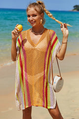 Angel Wings Openwork Striped Slit Knit Cover Up - kinko