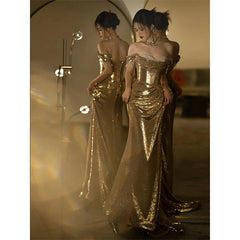 Gold Evening Dress Women's High-grade Sequined Off-shoulder Tube Top Toast Dress Bridal Fishtail Dress - kinko