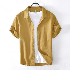 Casual Cotton And Linen Short Sleeve Shirt Men - kinko