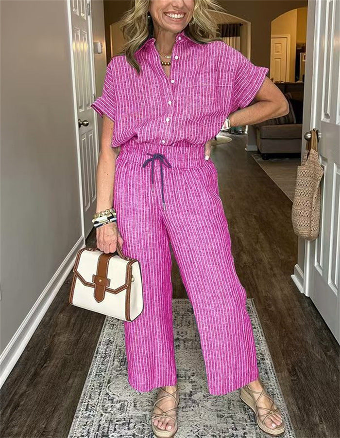 Women's Striped Suit Lapel Short Sleeve Straight Idle Style Trousers - kinko